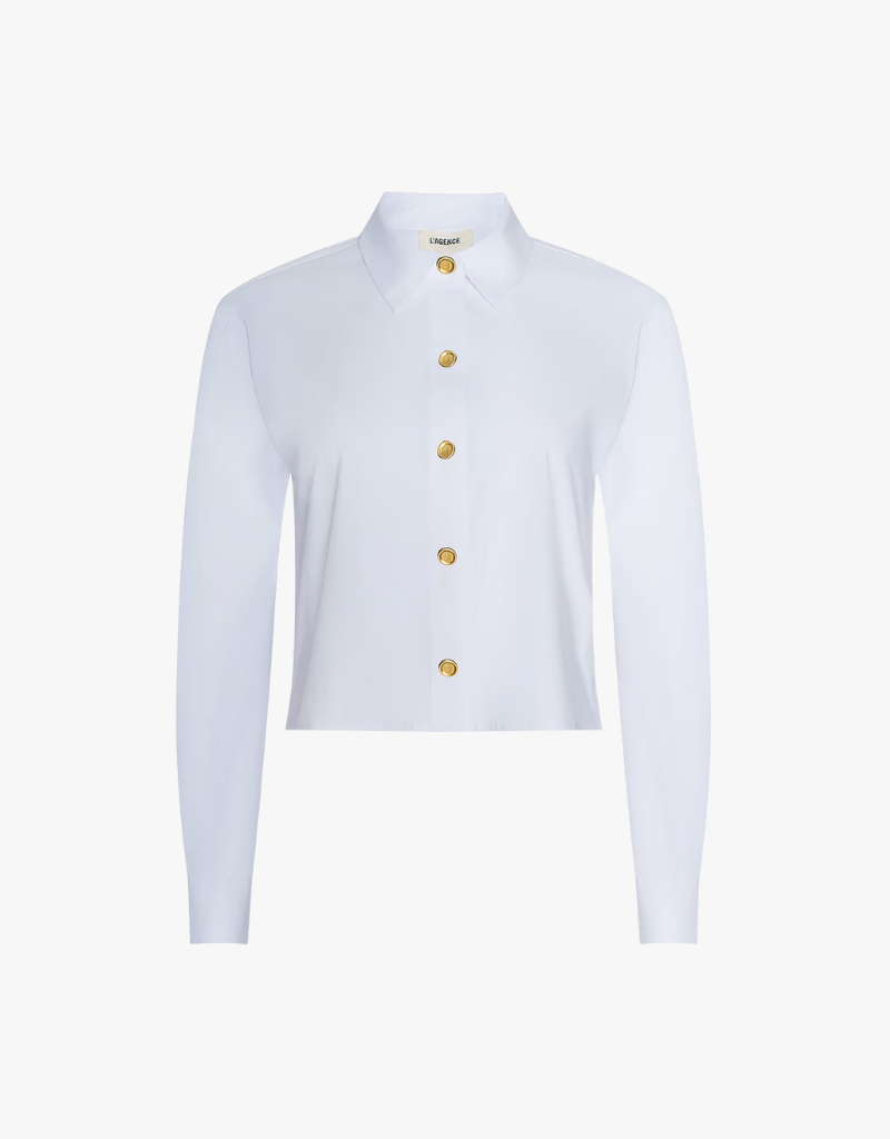 L'agence Cosette Crop Hi Low Shirt in White & Gold Wax Stamp
