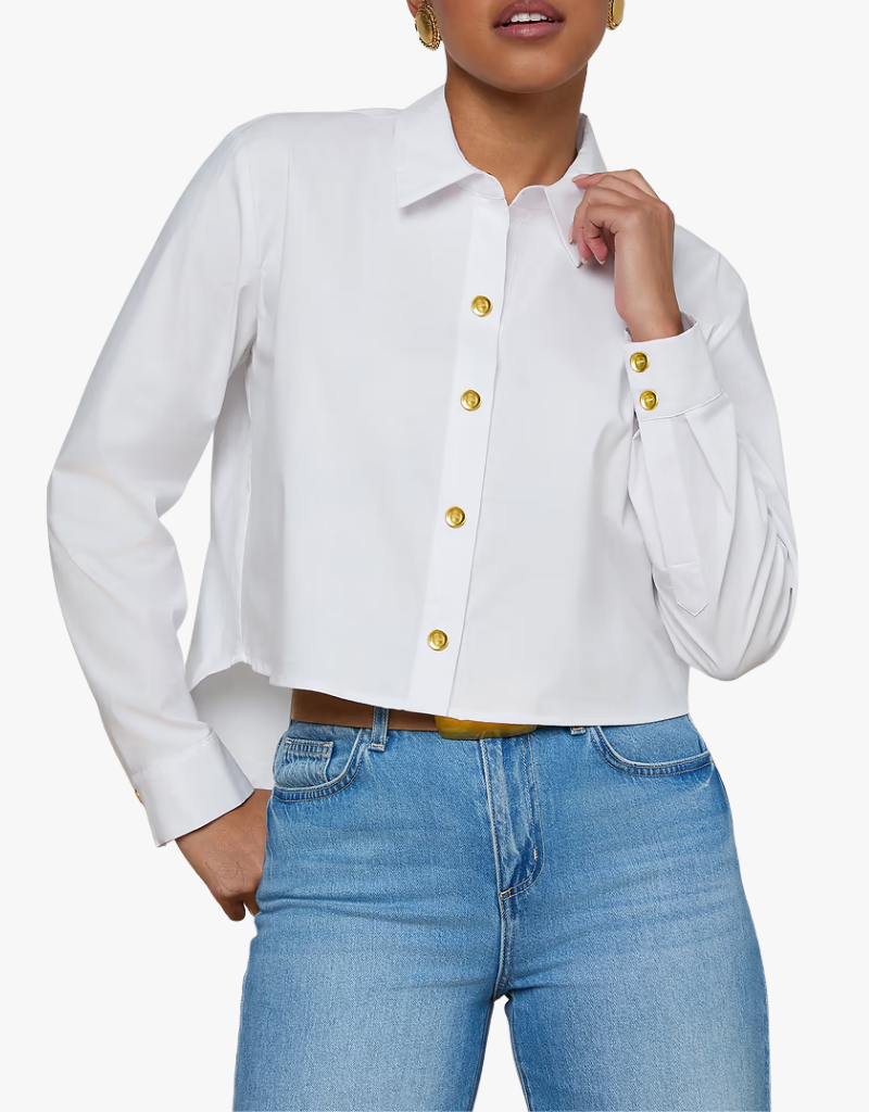 L'agence Cosette Crop Hi Low Shirt in White & Gold Wax Stamp