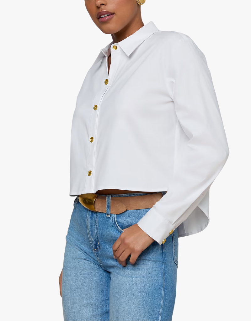 L'agence Cosette Crop Hi Low Shirt in White & Gold Wax Stamp