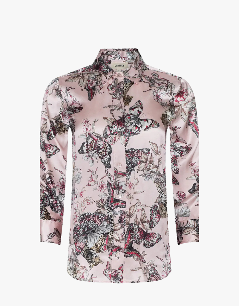 L'agence Dani 3/4 Sleeve Blouse in Light Nectar Pink Small Multi Butterfly Jungle