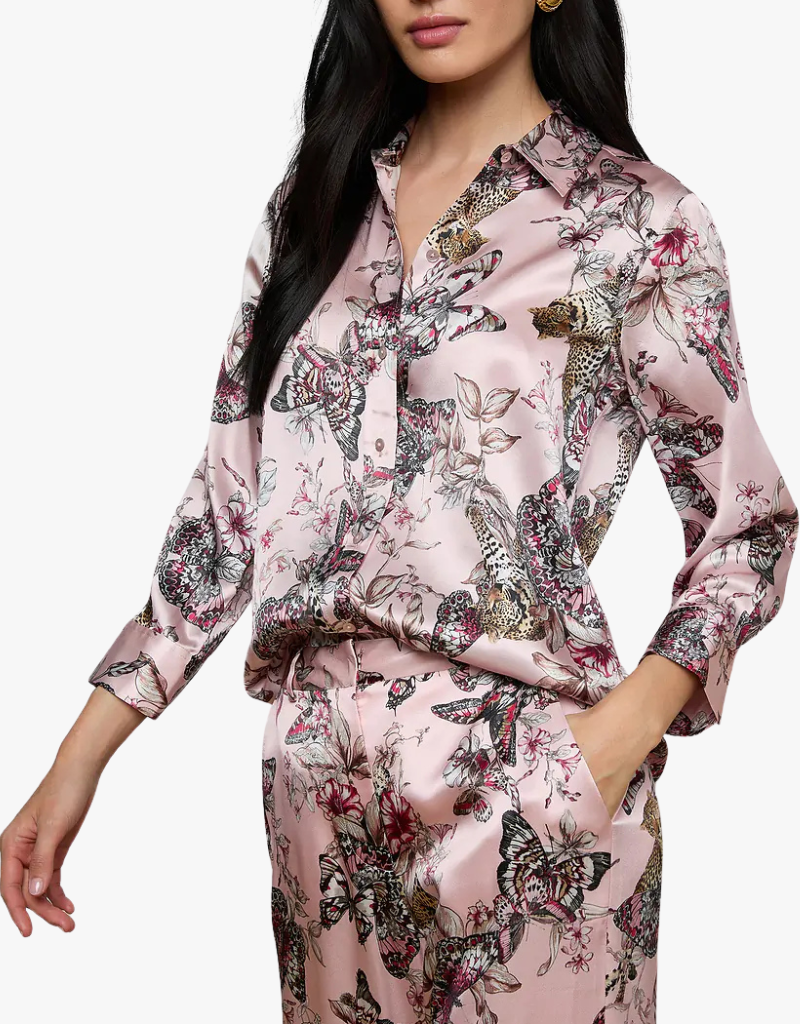 L'agence Dani 3/4 Sleeve Blouse in Light Nectar Pink Small Multi Butterfly Jungle