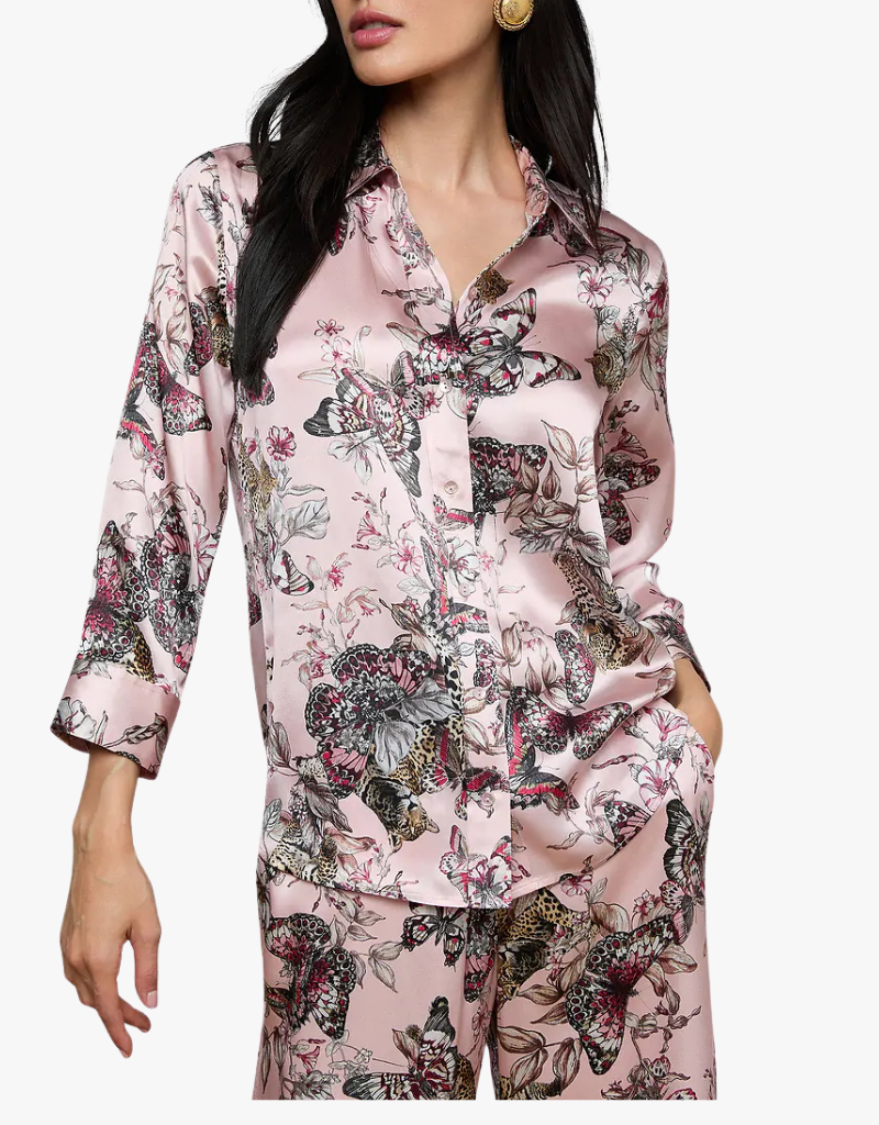 L'agence Dani 3/4 Sleeve Blouse in Light Nectar Pink Small Multi Butterfly Jungle