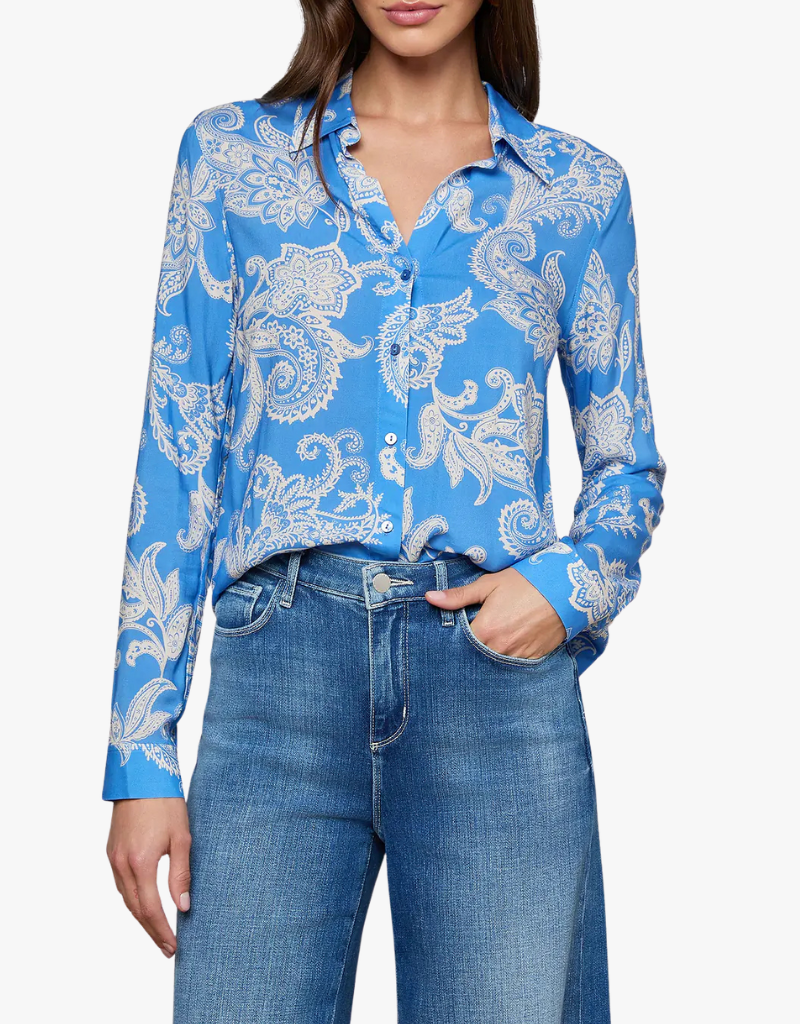 L'agence Holly Long Sleeve Blouse in Regatta Blue & Ivy Two Tone Paisley