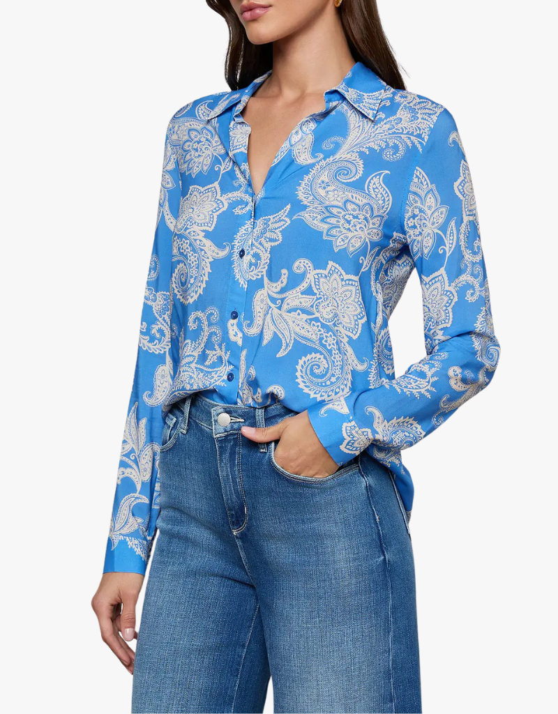 L'agence Holly Long Sleeve Blouse in Regatta Blue & Ivy Two Tone Paisley