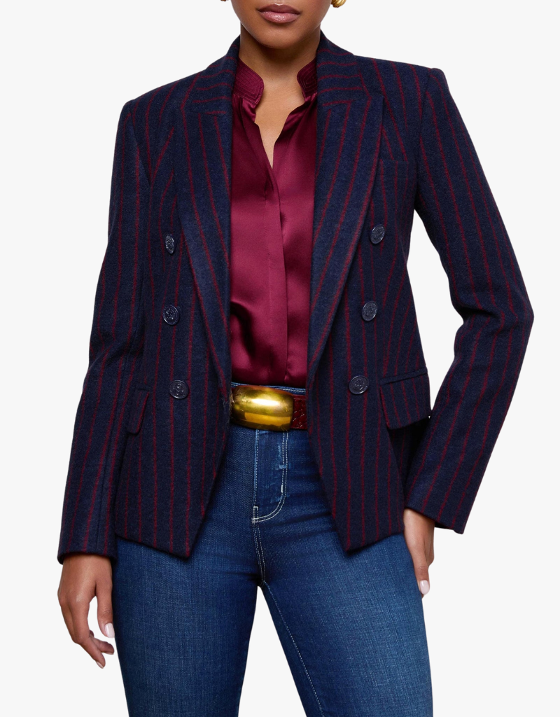 L'agence Kenzie Double Breasted Blazer in Midnight & Red Pinstripe