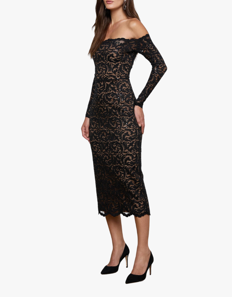 L'agence Lindsay Off Shoulder Lace Dress in Black