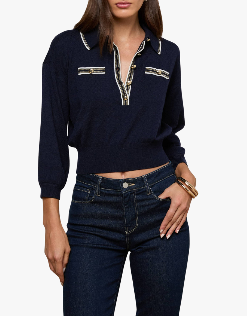 L'agence Malaki 3/4 Sleeve Collared Sweater in Midnight in Ivory & Gold