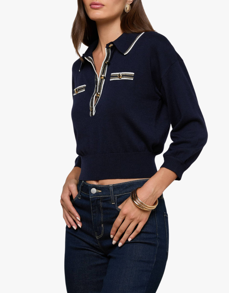 L'agence Malaki 3/4 Sleeve Collared Sweater in Midnight in Ivory & Gold