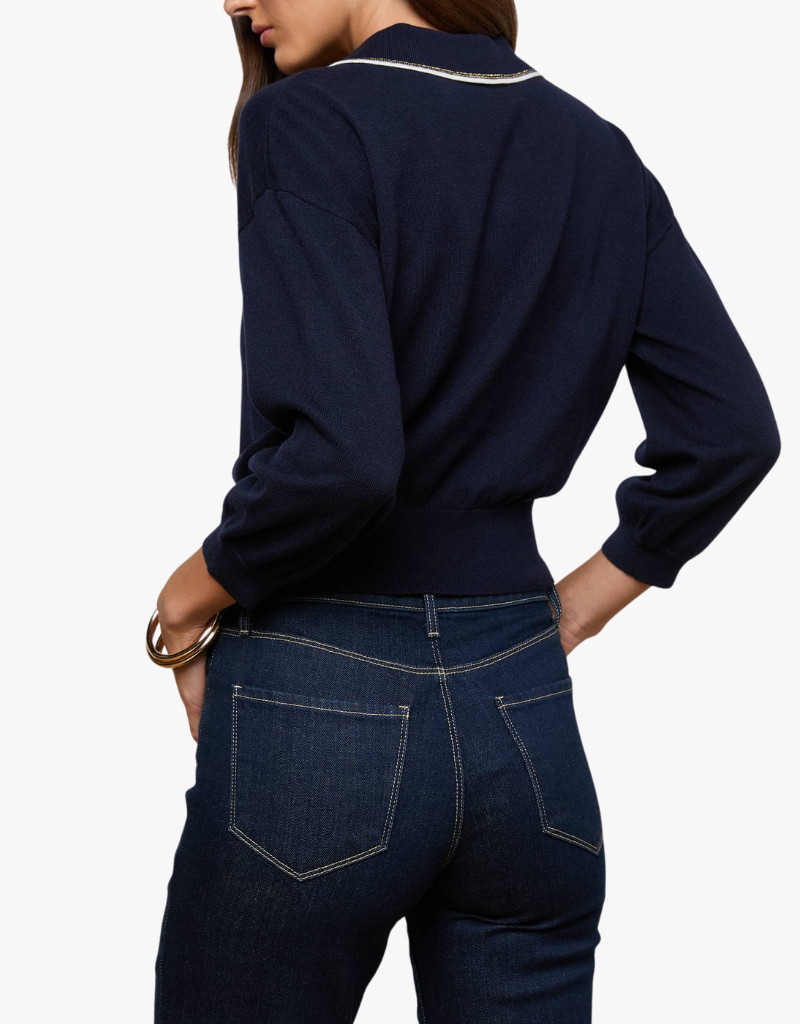 L'agence Malaki 3/4 Sleeve Collared Sweater in Midnight in Ivory & Gold