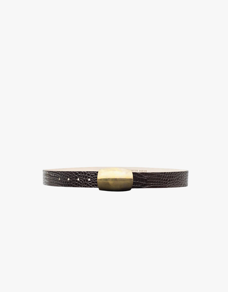 L'agence Milou Domed Croc Embellished Belt in Chocolate Croc Embossed