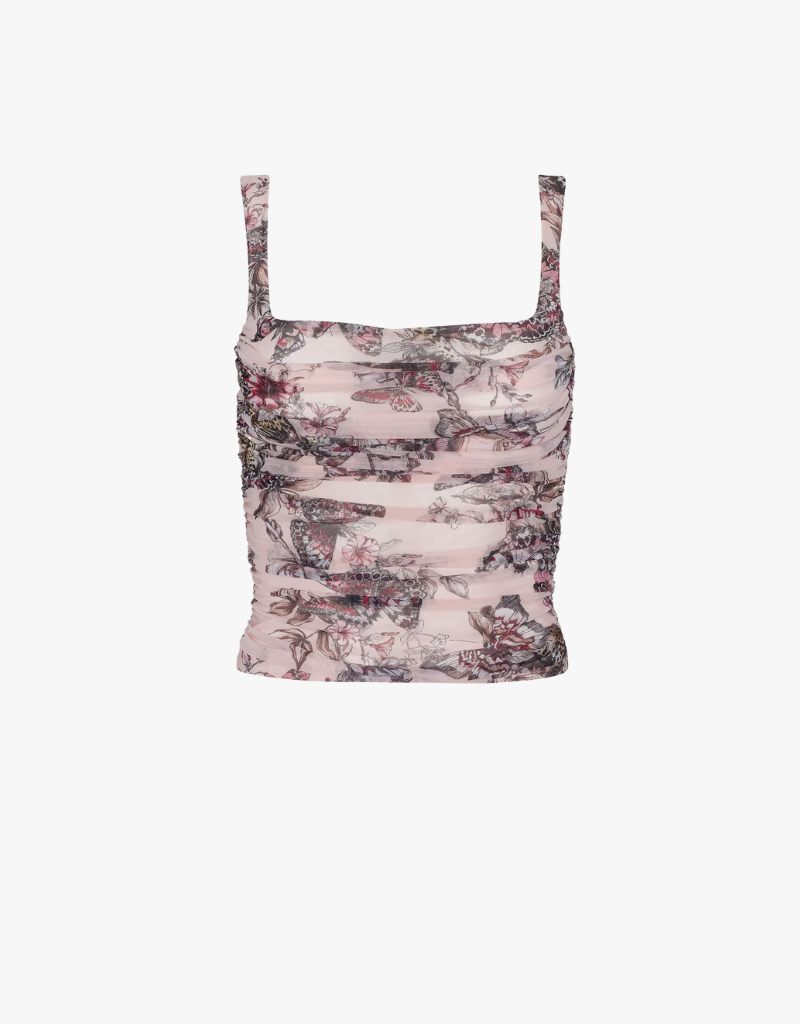 L'agence Rasha Shirred Tank in Light Nectar Pink Small Multi Butterfly Jungle