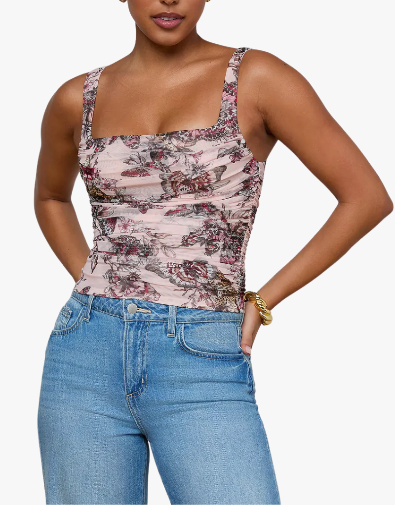 L'agence Rasha Shirred Tank in Light Nectar Pink Small Multi Butterfly Jungle
