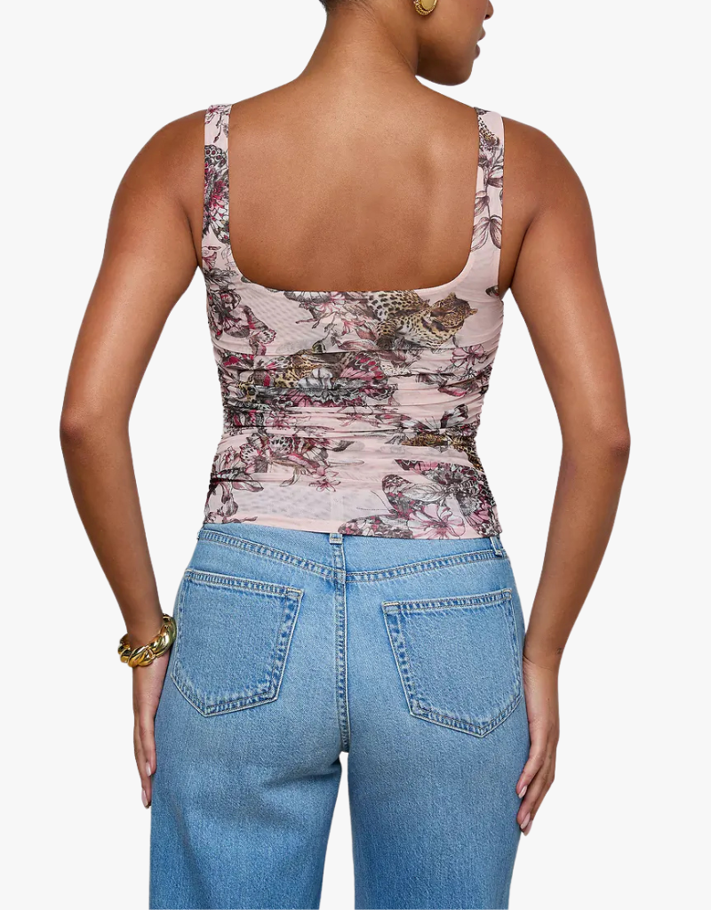 L'agence Rasha Shirred Tank in Light Nectar Pink Small Multi Butterfly Jungle