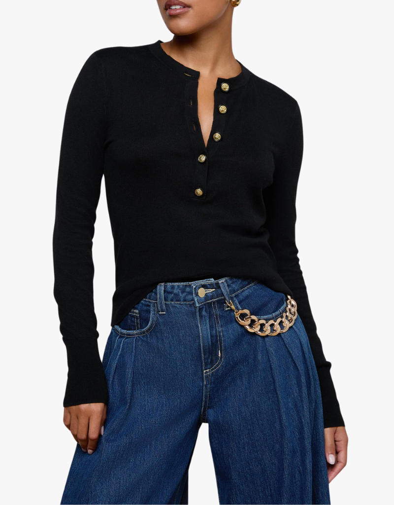 L'agence Ronda Knit Henley Pullover in Black & Gold