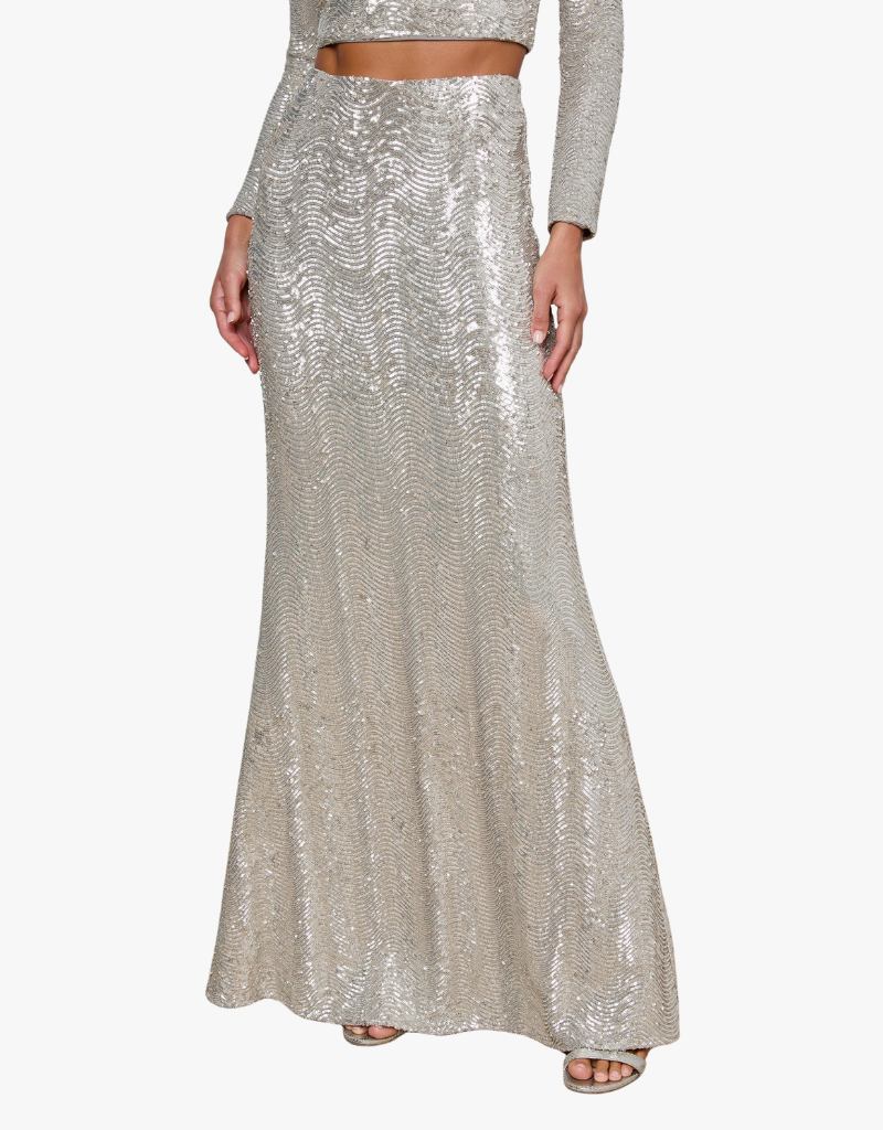 L'agence Sequin Zeta Long Skirt in Silver Sequin Swirl
