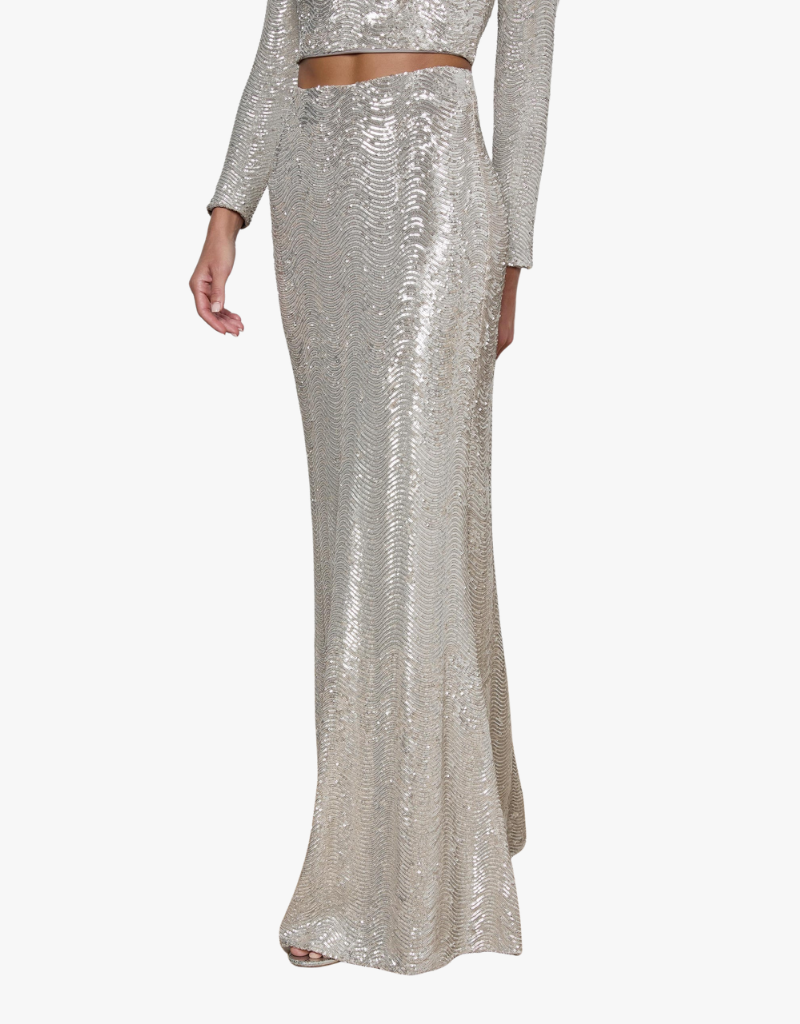 L'agence Sequin Zeta Long Skirt in Silver Sequin Swirl