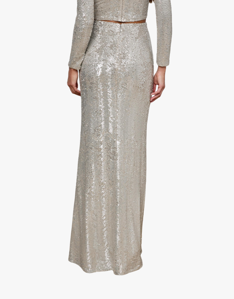 L'agence Sequin Zeta Long Skirt in Silver Sequin Swirl