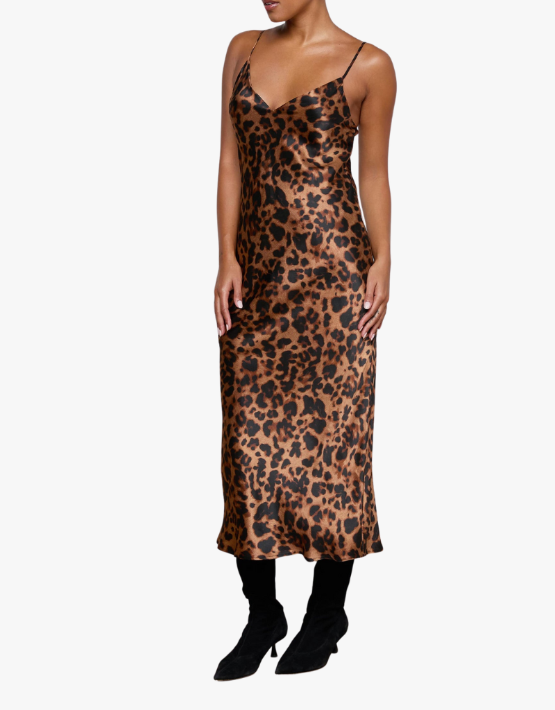 L'agence Seridie Mid Length Slip Dress in Brown Multi Amur Leopard