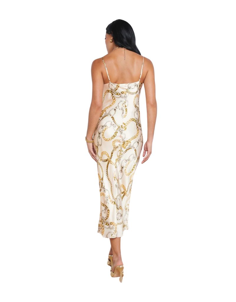 L'agence Seridie Mid Length Slip Dress in Ecru Multi Oversized Chain