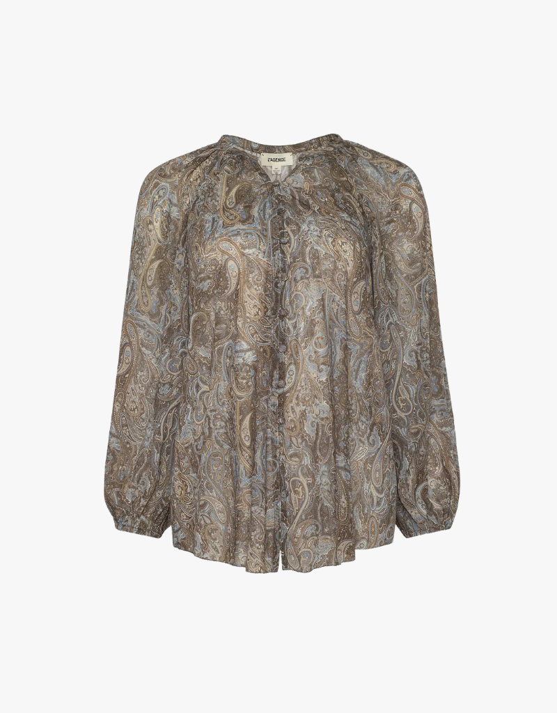L'agence Teagan Dolman Sleeve Blouse in Neutral & Blue Ditsy Paisley