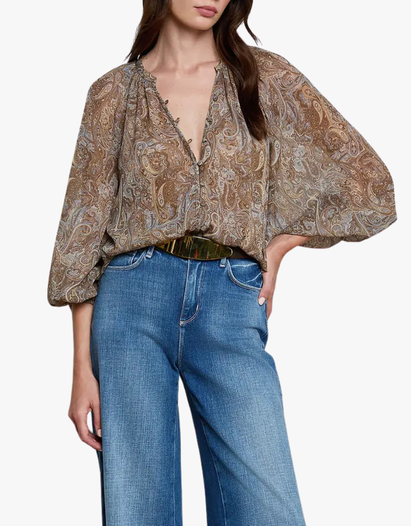 L'agence Teagan Dolman Sleeve Blouse in Neutral & Blue Ditsy Paisley