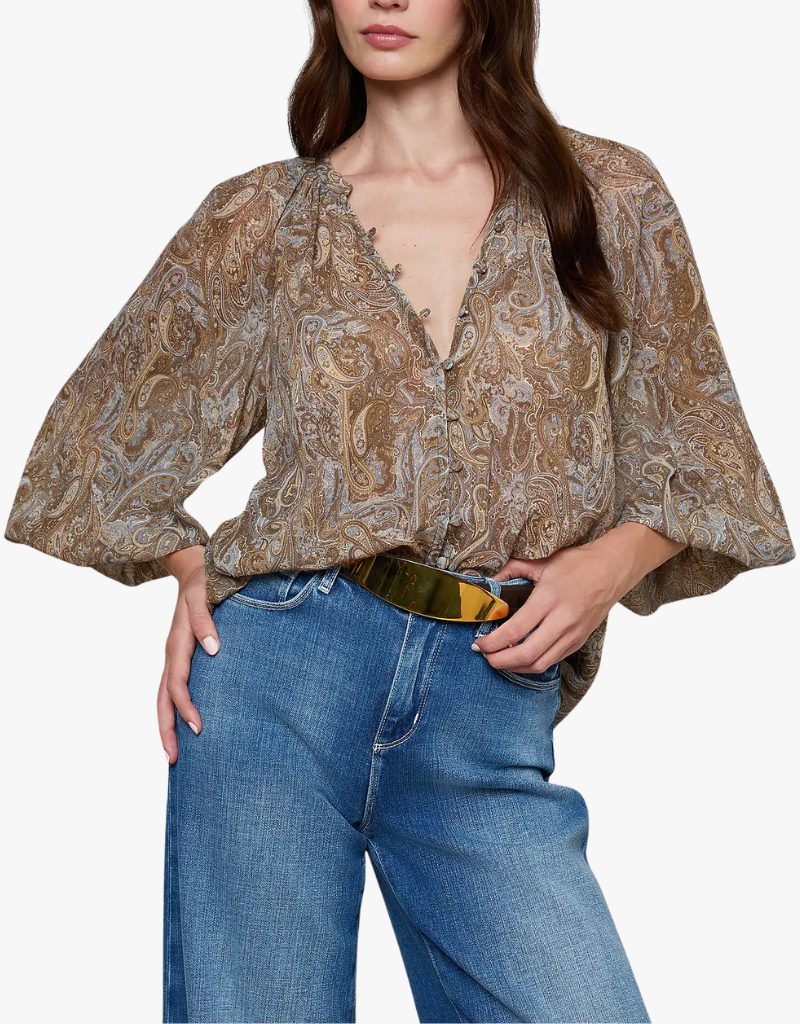 L'agence Teagan Dolman Sleeve Blouse in Neutral & Blue Ditsy Paisley