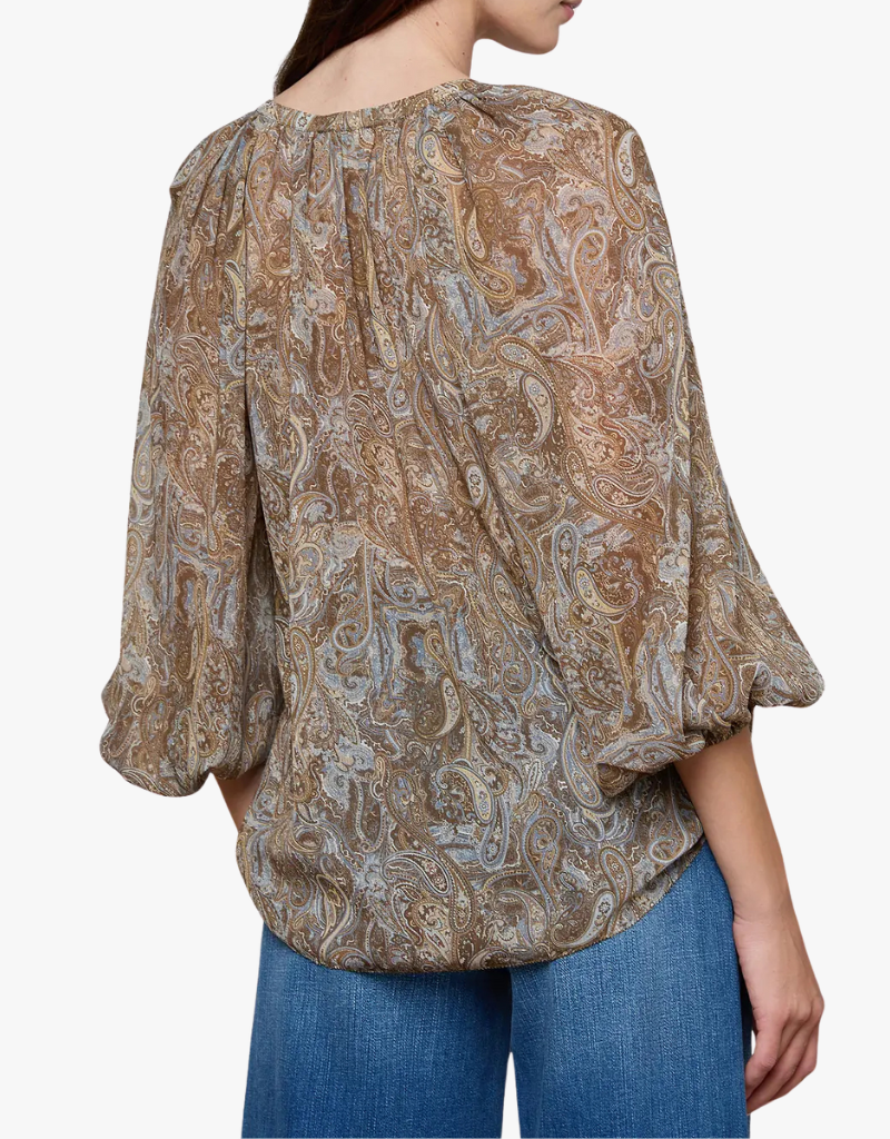 L'agence Teagan Dolman Sleeve Blouse in Neutral & Blue Ditsy Paisley