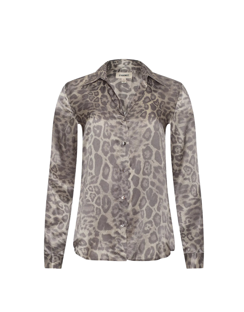 L'agence Tyler Long Sleeve Blouse in Grey Multi Patch Leopard