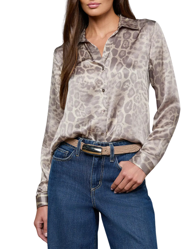 L'agence Tyler Long Sleeve Blouse in Grey Multi Patch Leopard