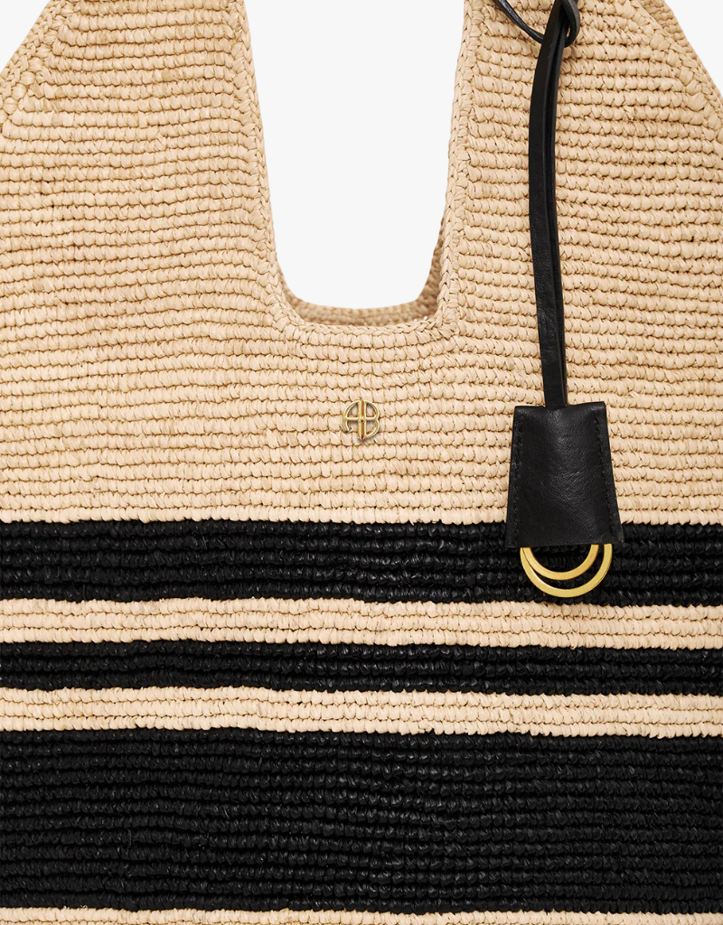 Anine Bing Leah Stripes Hobo Raphia in Black & Natural Stripe