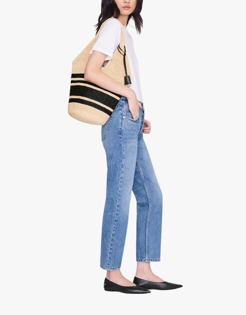 Anine Bing Leah Stripes Hobo Raphia in Black & Natural Stripe