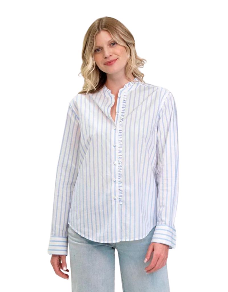 Margaret O'Leary Ruffle Button Up Shirt In Pool Stripe
