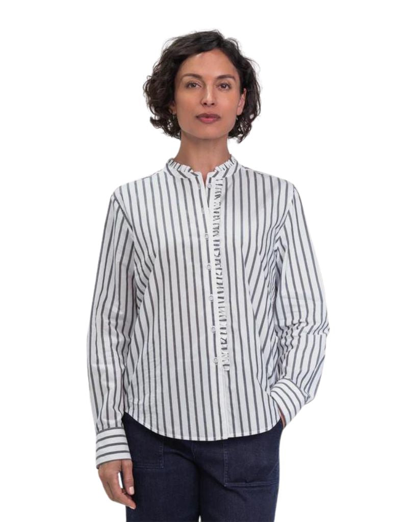Margaret O'Leary Ruffle Button Up Shirt In Carbon Stripe