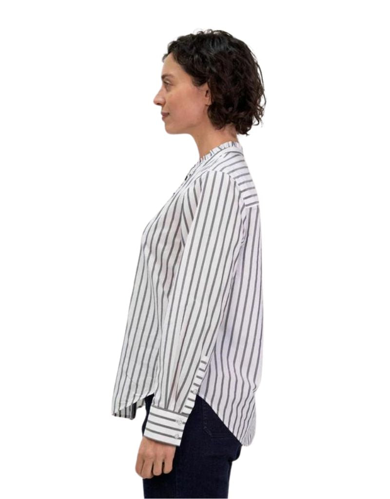 Margaret O'Leary Ruffle Button Up Shirt In Carbon Stripe