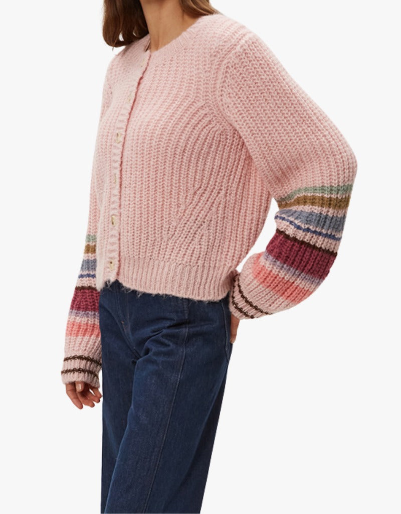 Michael Stars Lumi Striped Crew Cardi in Pink Combo
