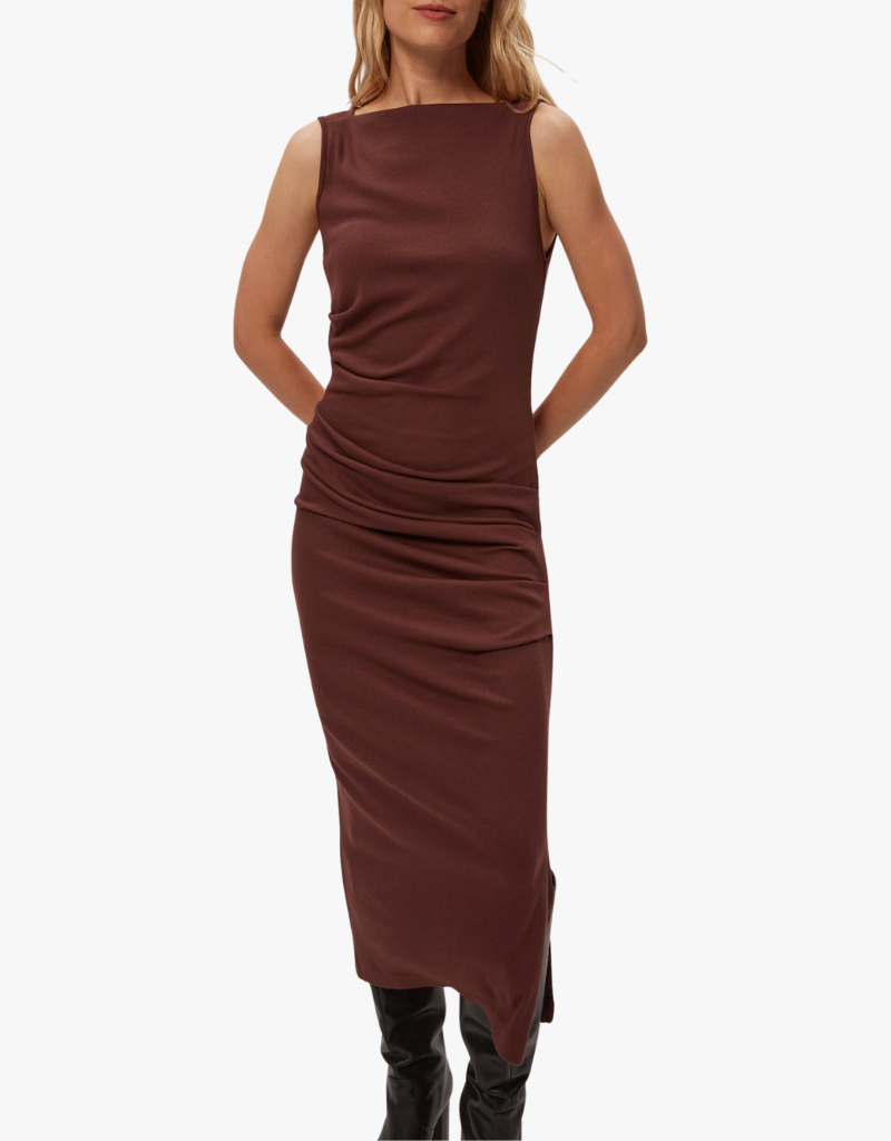 Michael Stars Reign Knife Neck Midi Pleated Dress in Espresso