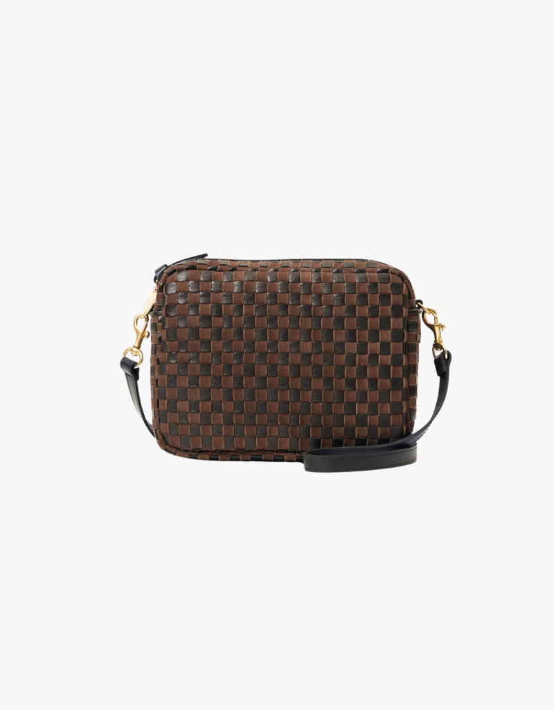 Clare V. Midi Sac Handbag in Black & Chocolate Leather & Suede Woven Checker