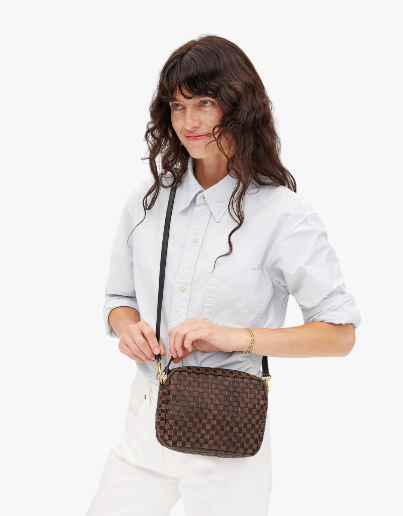 Clare V. Midi Sac Handbag in Black & Chocolate Leather & Suede Woven Checker
