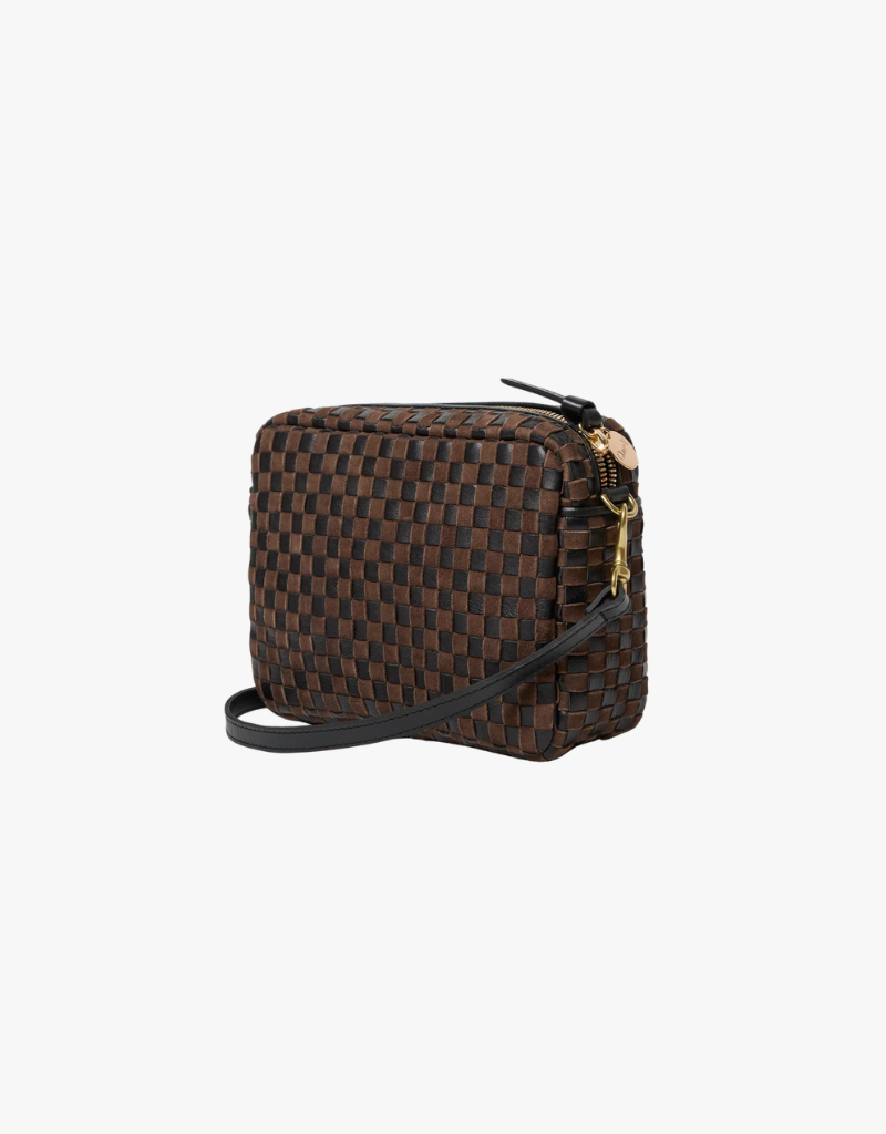 Clare V. Midi Sac Handbag in Black & Chocolate Leather & Suede Woven Checker