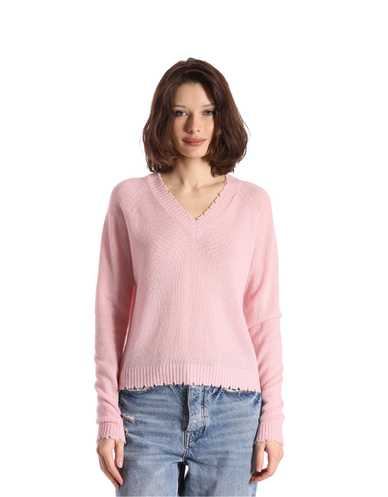 Minnie Rose Cashmere Frayed Edge Cropped V-Neck Sweater