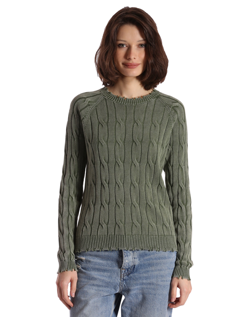 Minnie Rose Cotton Stone Wash Distressed Cable Crewneck Sweater in Garden Grove