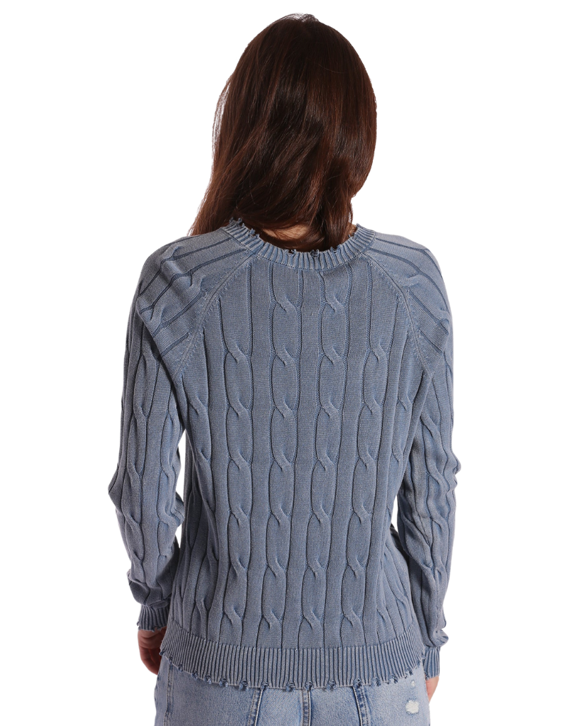 Minnie Rose Cotton Stone Wash Distressed Cable Crewneck Sweater in Fresco Blue