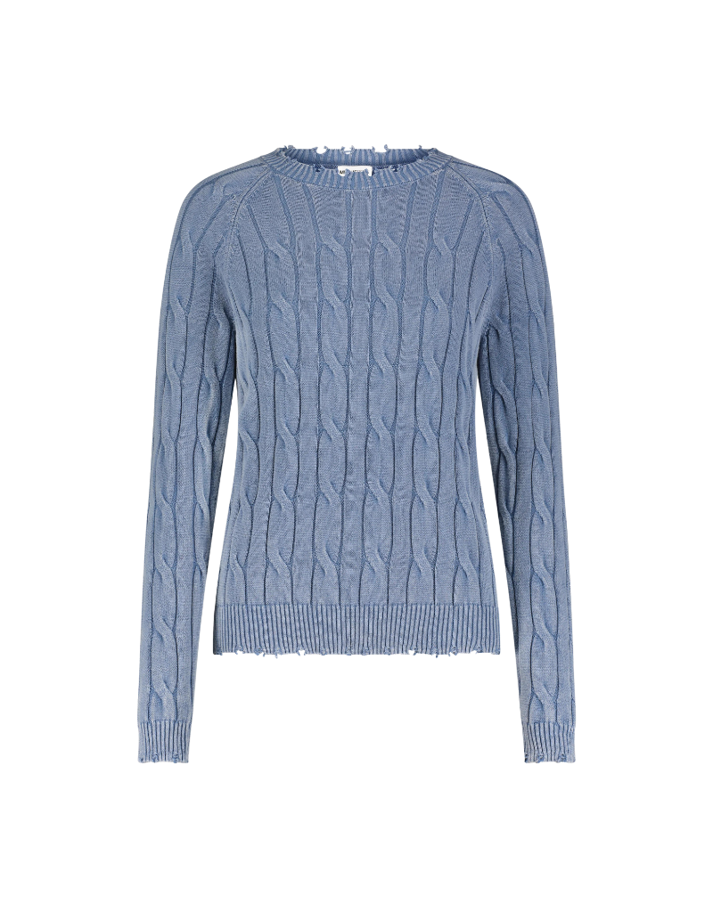 Minnie Rose Cotton Stone Wash Distressed Cable Crewneck Sweater in Fresco Blue