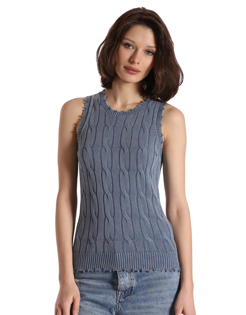 Minnie Rose Cotton Stone Wash Distressed Cable Tank Top in Fresco Blue