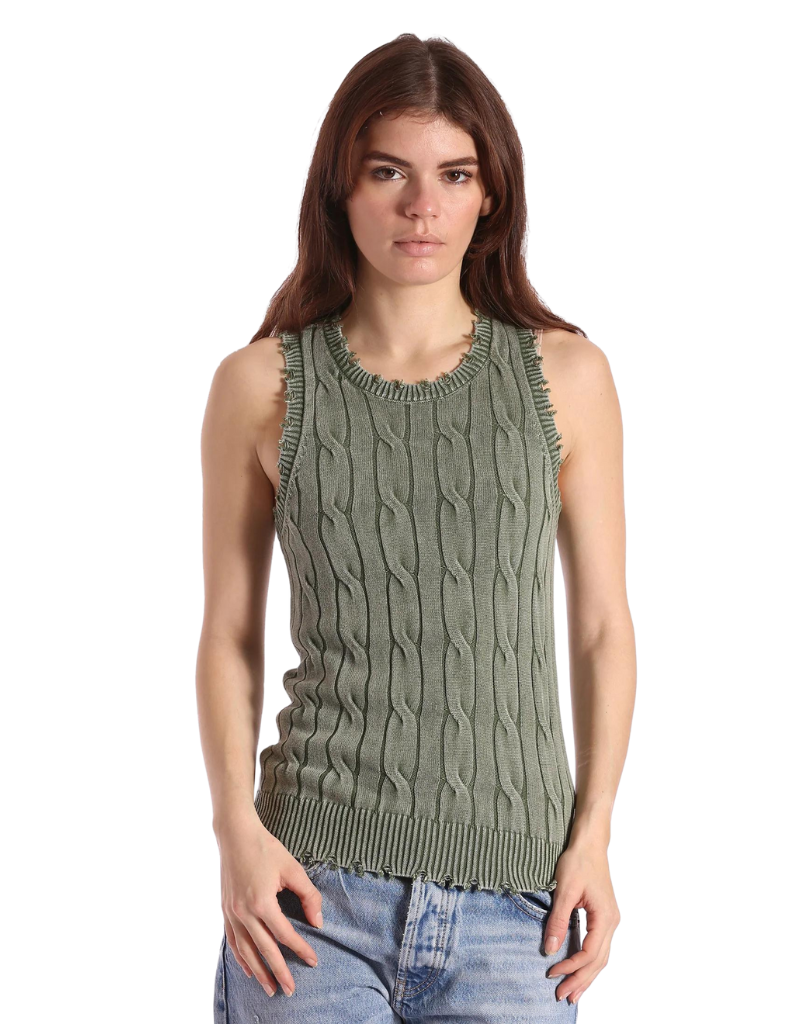 Minnie Rose Cotton Stone Wash Distressed Cable Tank Top in Garden Grove