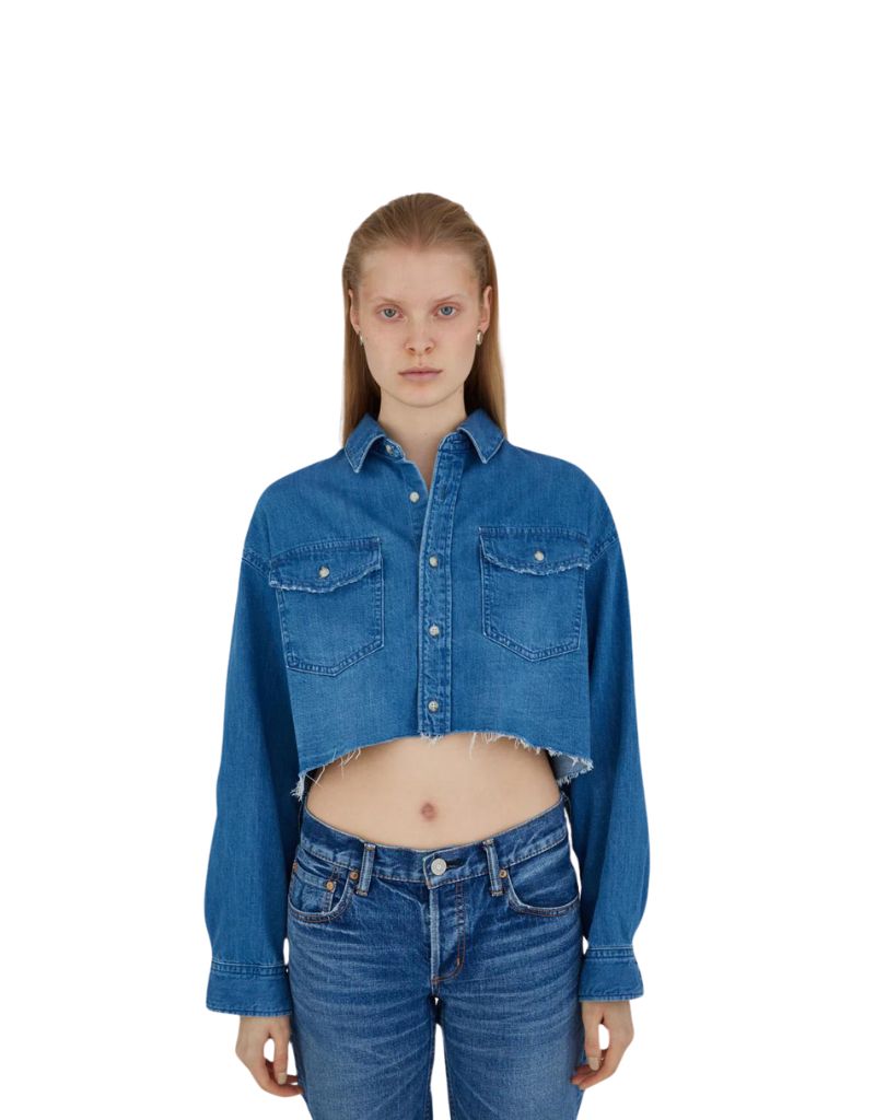 Moussy Vintage Nashboro Cropped Button Up Shirt in Blue