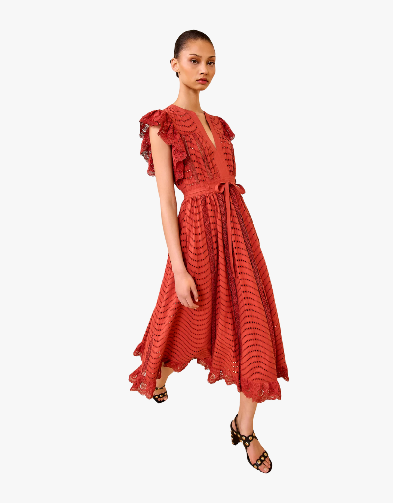 Ulla Johnson Olga Flutter Sleeve Midi Dress in Claret