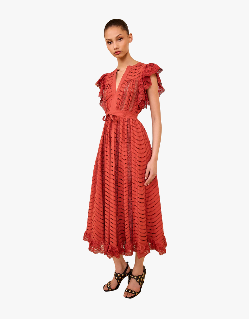 Ulla Johnson Olga Flutter Sleeve Midi Dress in Claret