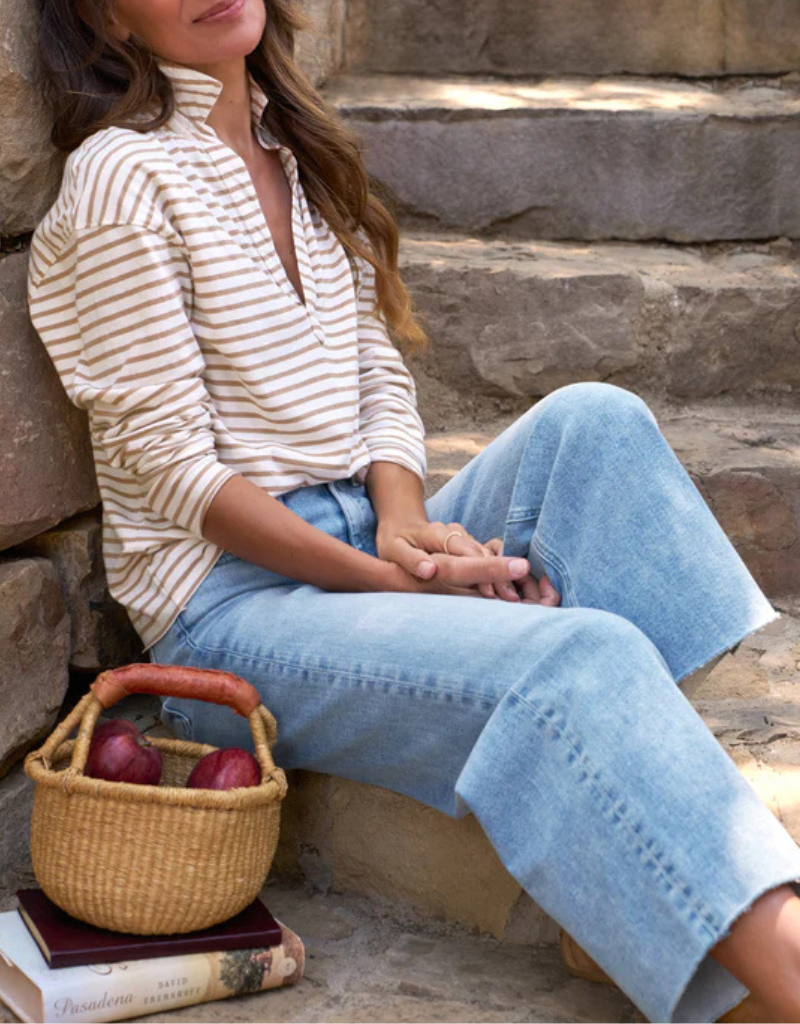 Frank & Eileen Patrick Popover Henley in Vintage White & Camel Stripe (Heritage Jersey)