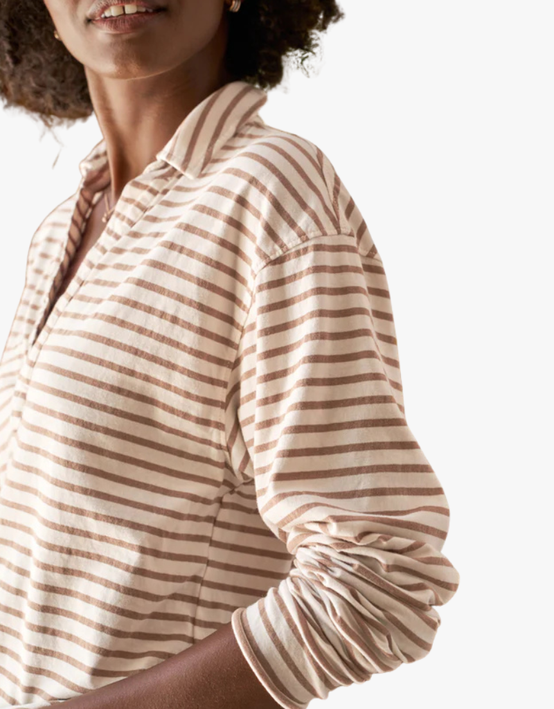 Frank & Eileen Patrick Popover Henley in Vintage White & Camel Stripe (Heritage Jersey)